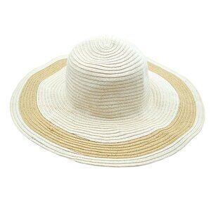 Womens Floppy Wide Brim Beach Straw Hat White Tan Gardening Sun Protection SPF